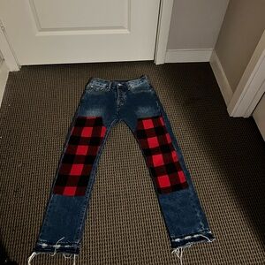 MNML Blue Jeans with Red and Black Checkered Pattern